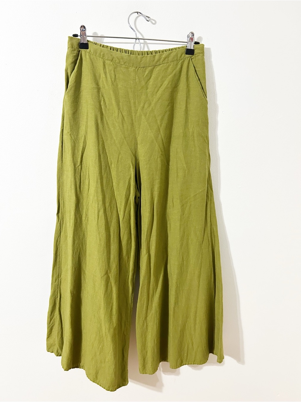 Midnightsky Olive Green Wide Leg Cropped Pants Culotte Style Linen Blend Medium